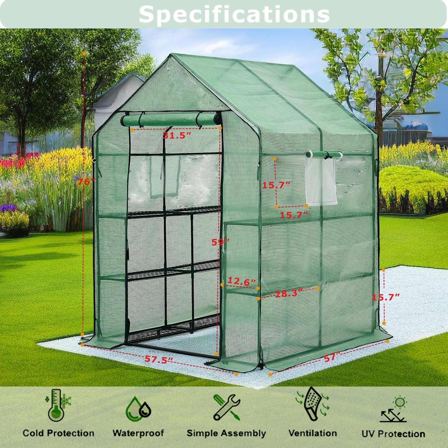 Purlyu Walk-in Greenhouse for Outdoors, Thickened PE Cover & Heavy Duty Powder-Coated Steel, Mesh Door & Screen Windows, 14 Sturdy Shelves 4.7x4.7x6.4 FT, (GHW002G)