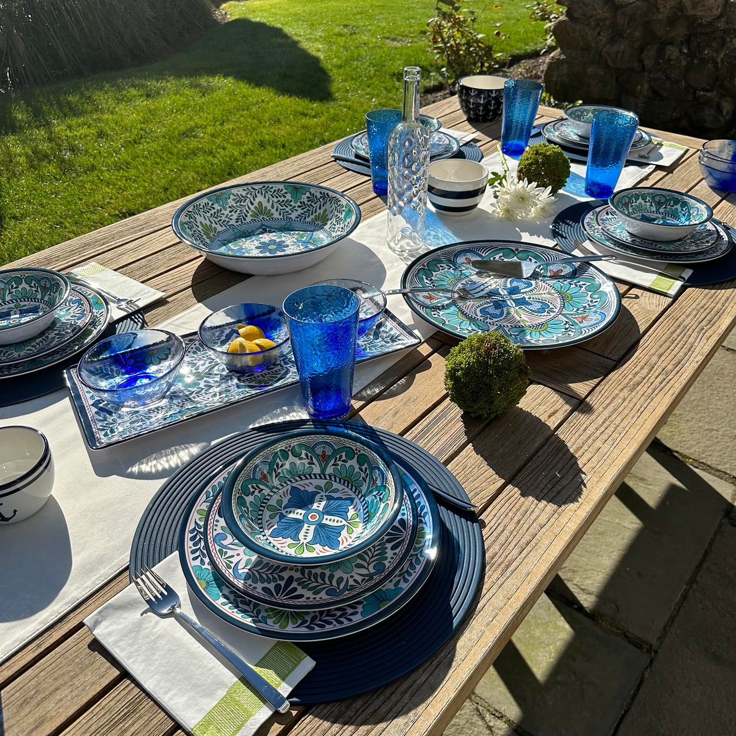 Certified International Talavera 11" Melamine Dinner Plates Feature Vibrant Blue, Green, and Floral Patterns. They are Durable, Lightweight, and Perfect for Indoor and Outdoor Dining, Service for 6.