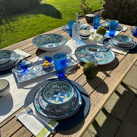 Certified International Talavera 11" Melamine Dinner Plates Feature Vibrant Blue, Green, and Floral Patterns. They are Durable, Lightweight, and Perfect for Indoor and Outdoor Dining, Service for 6.