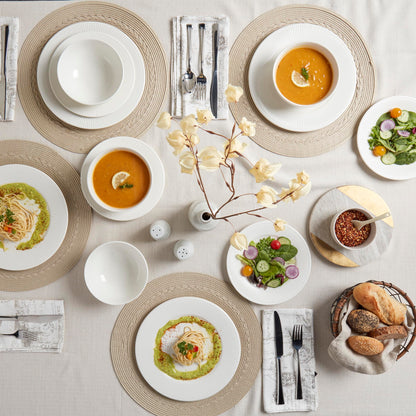 Tabletops Gallery Embossed Bone White Porcelain Round Dinnerware Collection- Chip Resistant Scratch Resistant, Fleur 12 Piece Dinnerware Set (Dinner Plate, Salad Plate, Cereal Bowl)