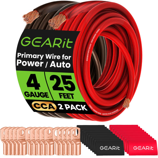 GearIT 4 Gauge Battery Cable - 15 Lugs, 20 Heat Shrink Wrap, CCA Wire, Amp Kit, 25 Feet Each (Black/Red)
