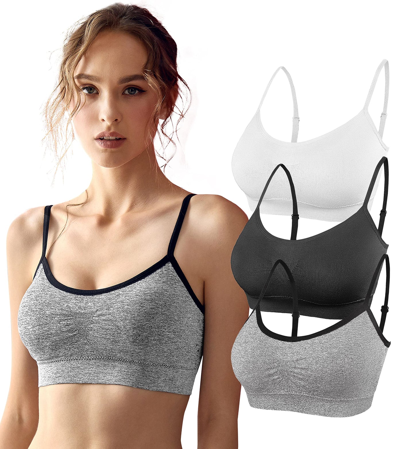 SHEKINI 3 Pieces Women's Sport Bra Seamless Padded Bralettes Yoga Crop Tank Tops with Adjustable Spaghetti Straps