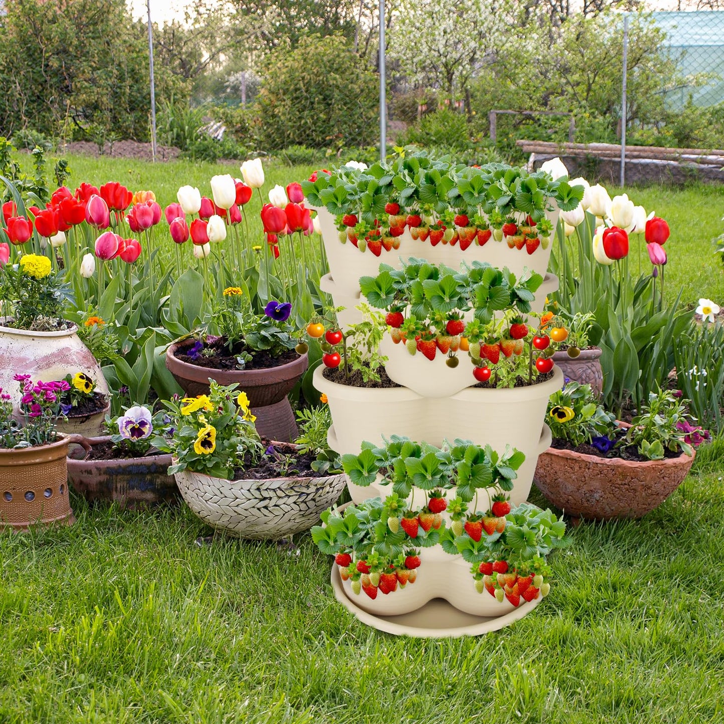 RooTrimmer 5 Tier Vertical Planters Stackable Gardening Planter for Strawberries, Flowers, Herb and Vegetables, White