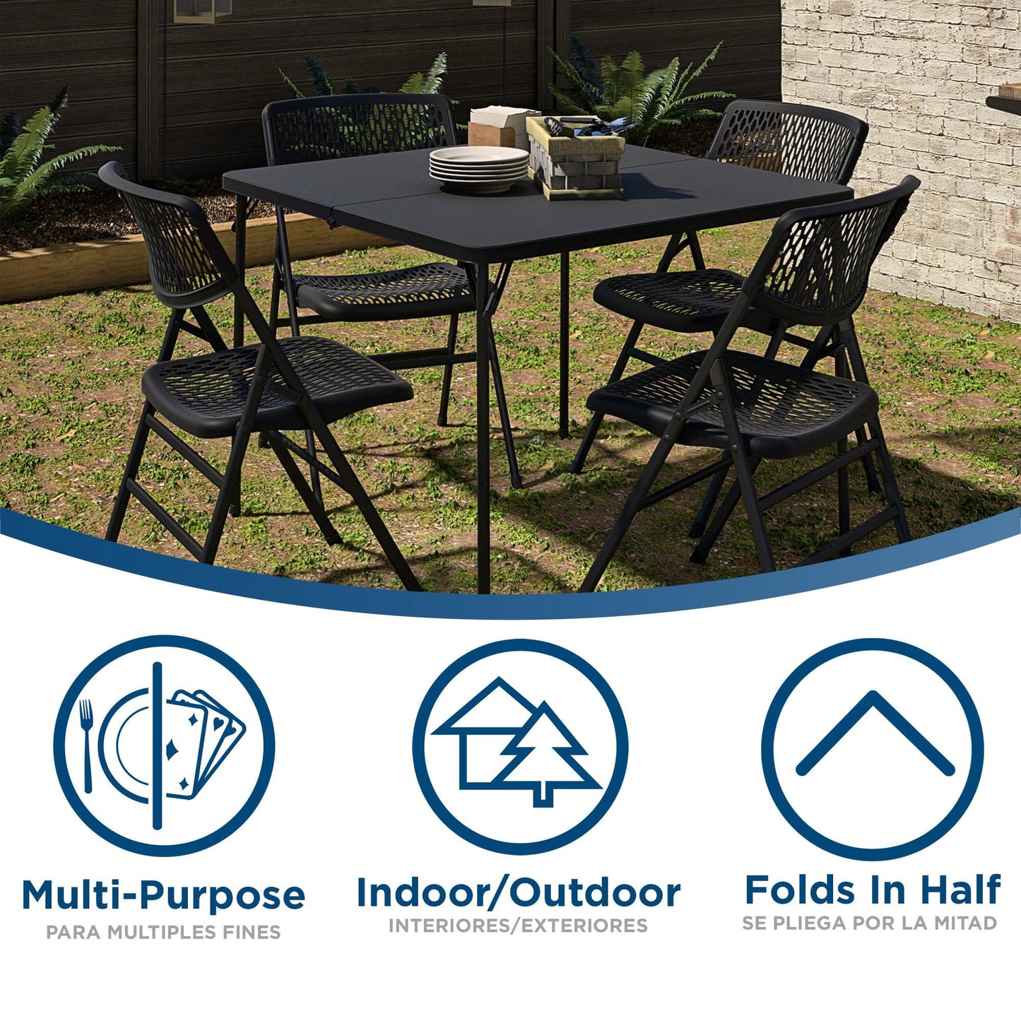 Cosco XL 38.5" Resin Fold-in-Half Card Table, Black, Wheelchair Accessible, Lightweight, Pinch-Free Locking System