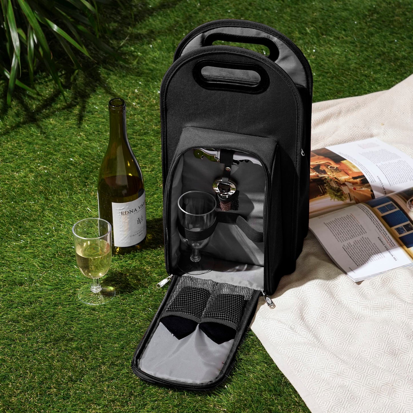 True Metro Insulated Wine Tote with Pockets, Wine Bottle Carrier and Picnic accessory set, wine glasses set of 2, Napkins, Corkscrew, and Bottle stopper, Black, Set of 1