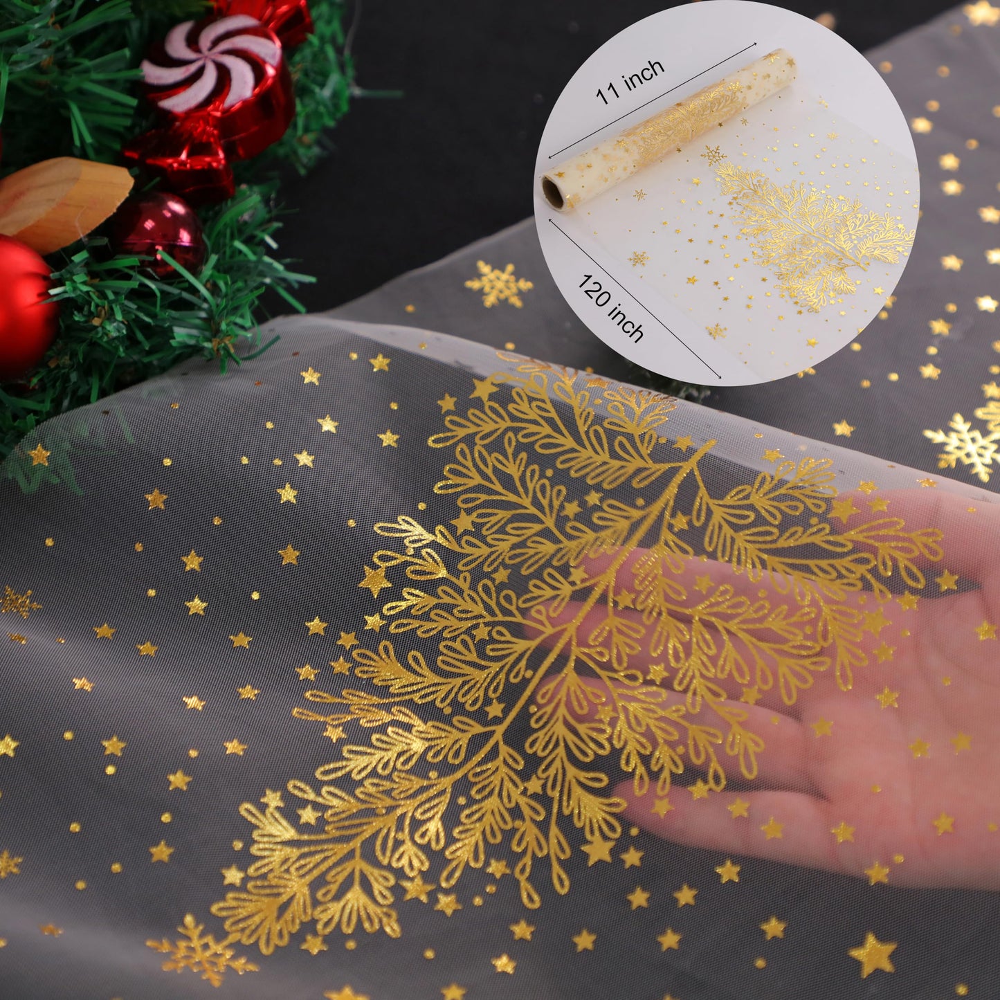 Snowkingdom Gold Christmas Tree Table Runner Xmas Winter Snowflakes 120 Inch Sparkly Glitter Gold Mesh Runners Kitchen Dining Table Decorations for Seasonal Festival Holiday Indoor Outdoor Home Party