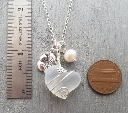 Yinahawaii Handmade Sea Glass Necklace, Wire Heart Necklace, Charm and Pearl Necklace, Sea Glass Jewelry Birthday Gift For Women (Moonstone - June)