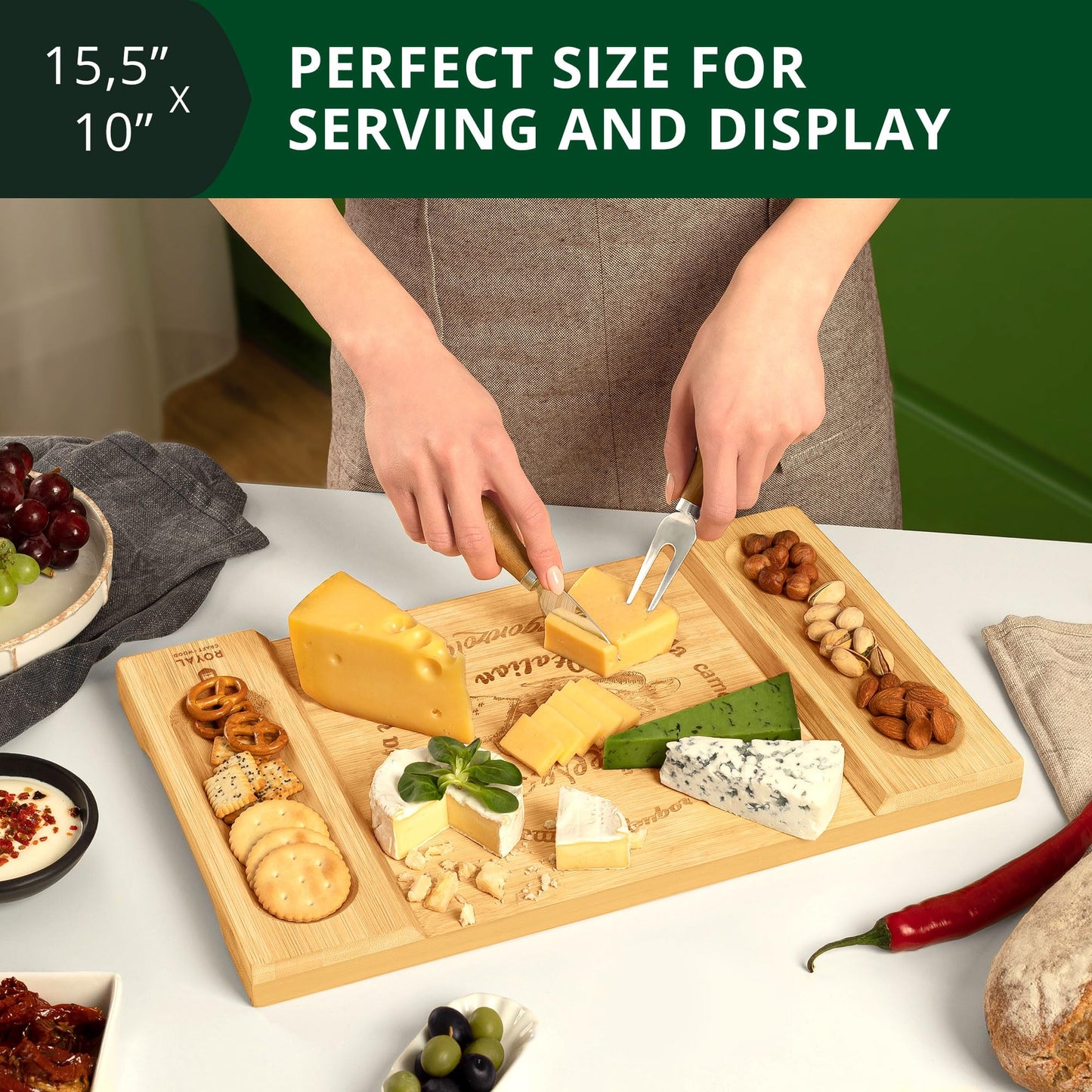ROYAL CRAFT WOOD Charcuterie and Cheese Board - Large Bamboo Cheese Board - Serving Tray Platter - House Warming Gifts New Home, Gifts for Dad Fathers Day Dad Gifts from Daughter Son Wife - 15.5"x10"