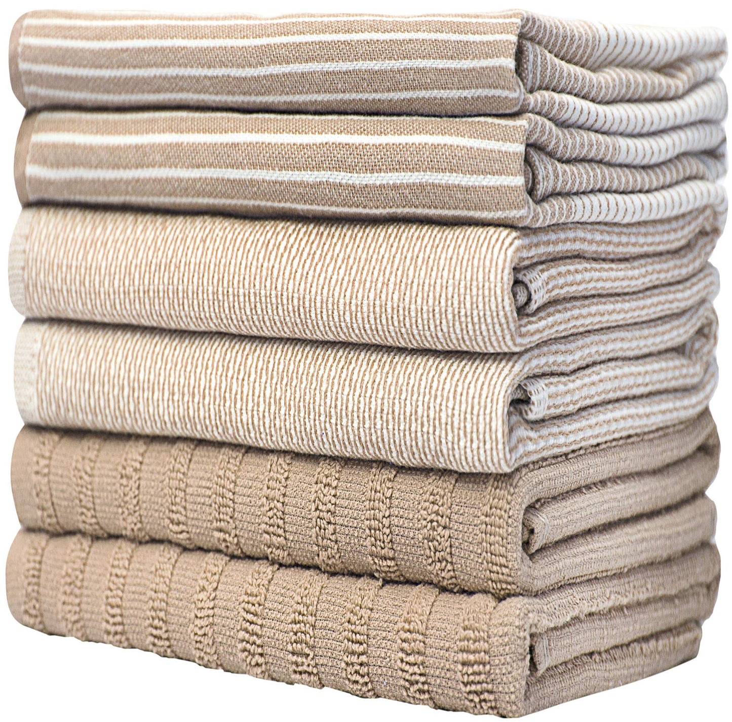 Premium Kitchen Towels (20”x 28”, 6 Pack) | Large Cotton Kitchen Hand Towels | Flat & Terry Dish Towel | Highly Absorbent Tea Towels Set with Hanging Loop | Tan