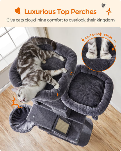 Feandrea Cat Tree, 81.1-Inch Large Cat Tower with 13 Scratching Posts, 2 Perches, 2 Caves, Basket, Hammock, Pompoms, Multi-Level Plush Cat Condo for Indoor Cats, Smoky Gray UPCT190G01