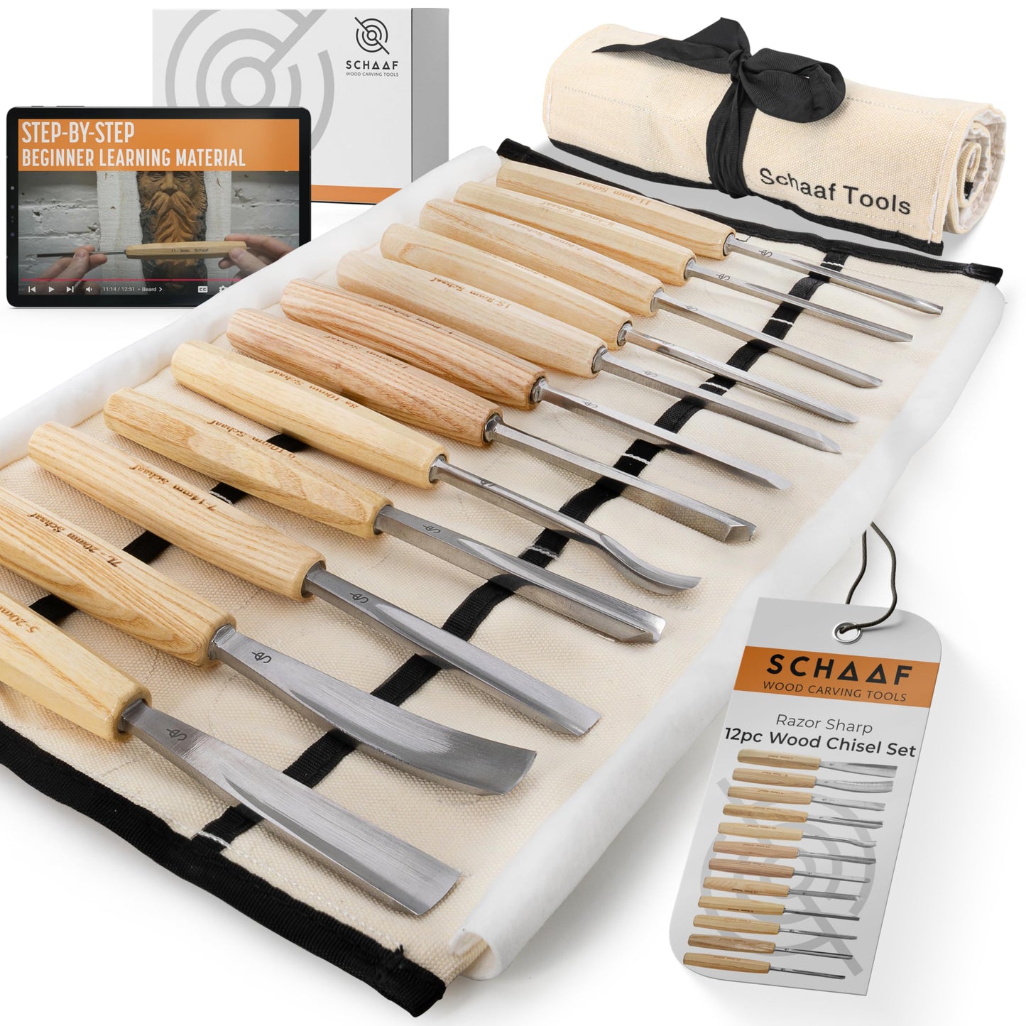 Schaaf Wood Carving Tools Set of 12 Chisels with Canvas Case | Wood Carving Chisels with Razor Sharp CR-V 60 Steel Blades
