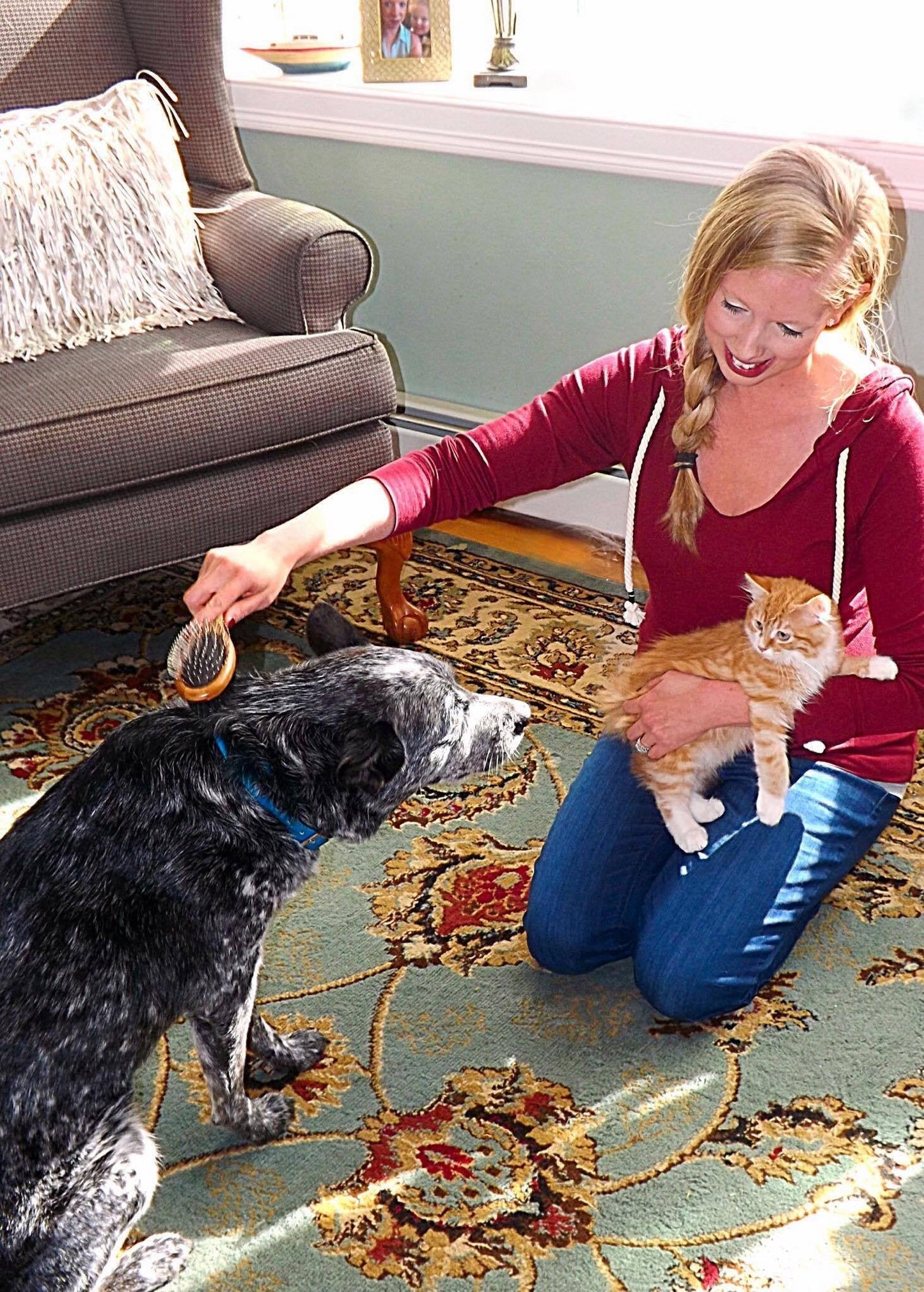 AtEase Accents Double Sided Dog Brush - for Long or Short Haired Dogs and Cats Natural Bamboo Eco Friendly Pet Grooming Dual Sided Pin and Bristles for Deshedding Hair