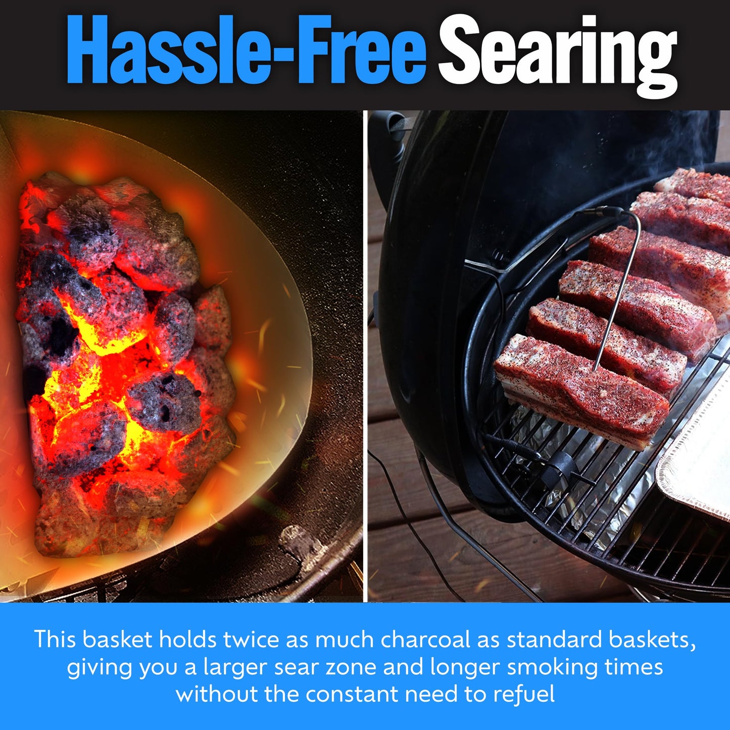 SnS Grills Slow ‘N Sear Charcoal Inserts for Low ‘N Slow & High-Heat Cooking - Patented Stainless Steel Accessories for Kettle Grills - Charcoal Basket 18"