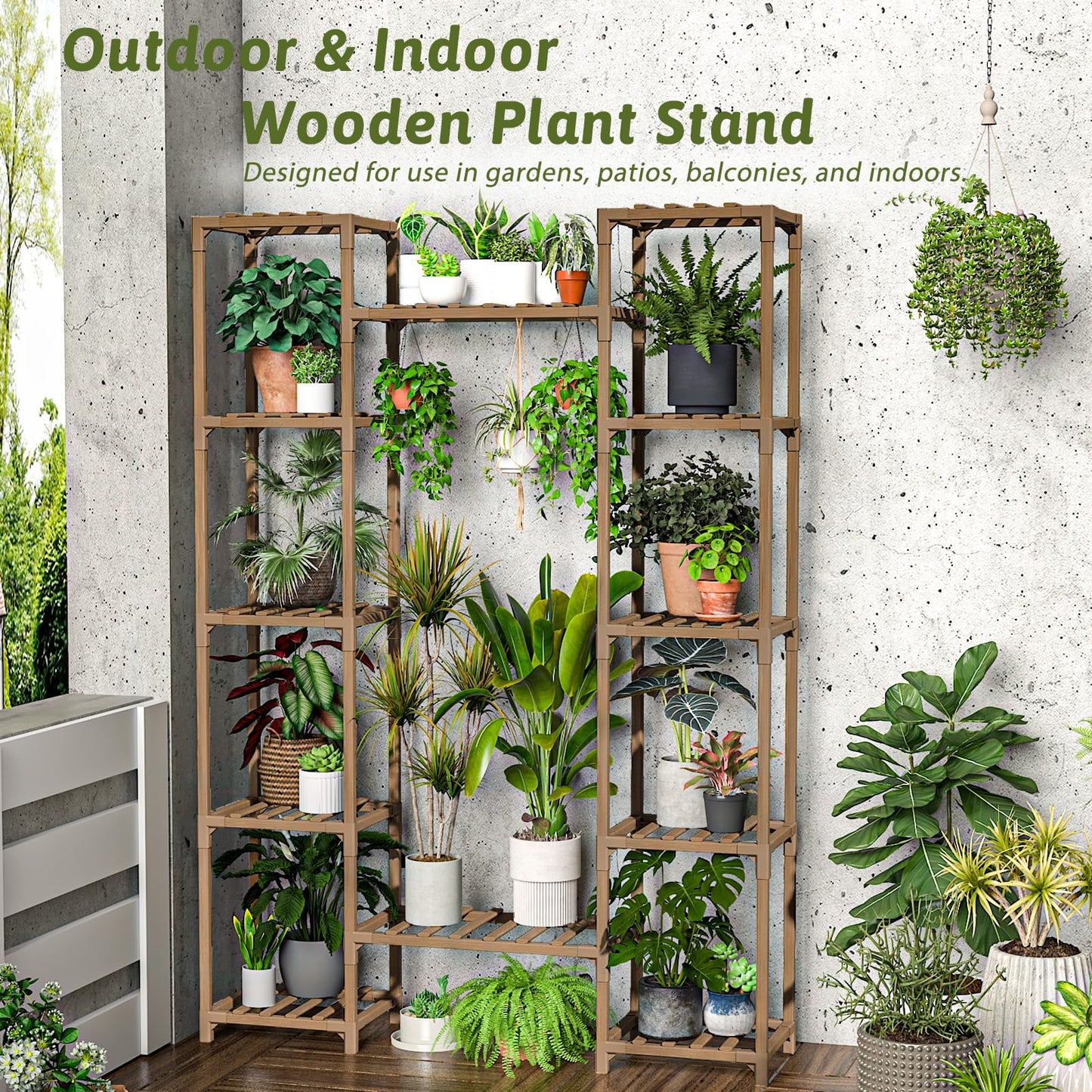 GENTINGBRO Large Plant Stand Indoor Outdoor 62.2“ Tall Plant Shelf Large Tiered Flower Stands for Multiple Display Wood Hanging Planter Holder for Living Room Garden Balcony Patio Decor