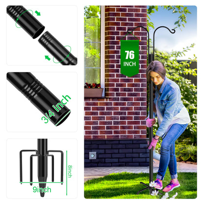 XDW-GIFTS Double Shepherds Hooks for Outdoor, 2-Pack Heavy Duty Garden Pole for Hanging Bird Feeder, Plant Baskets, Solar Light Lanterns, Garden Plant Hanger Stands with 5 Base Prongs