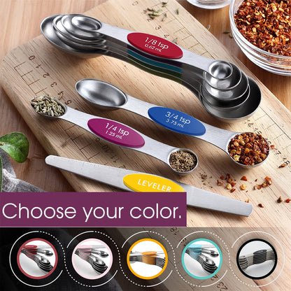Spring Chef Stainless Steel Magnetic Measuring Spoons Set with Strong Magnets, Heavy Duty Metal Kitchen Essentials - Fits in Most Kitchen Spice Jars, Multicolor, Set of 8 with Leveler