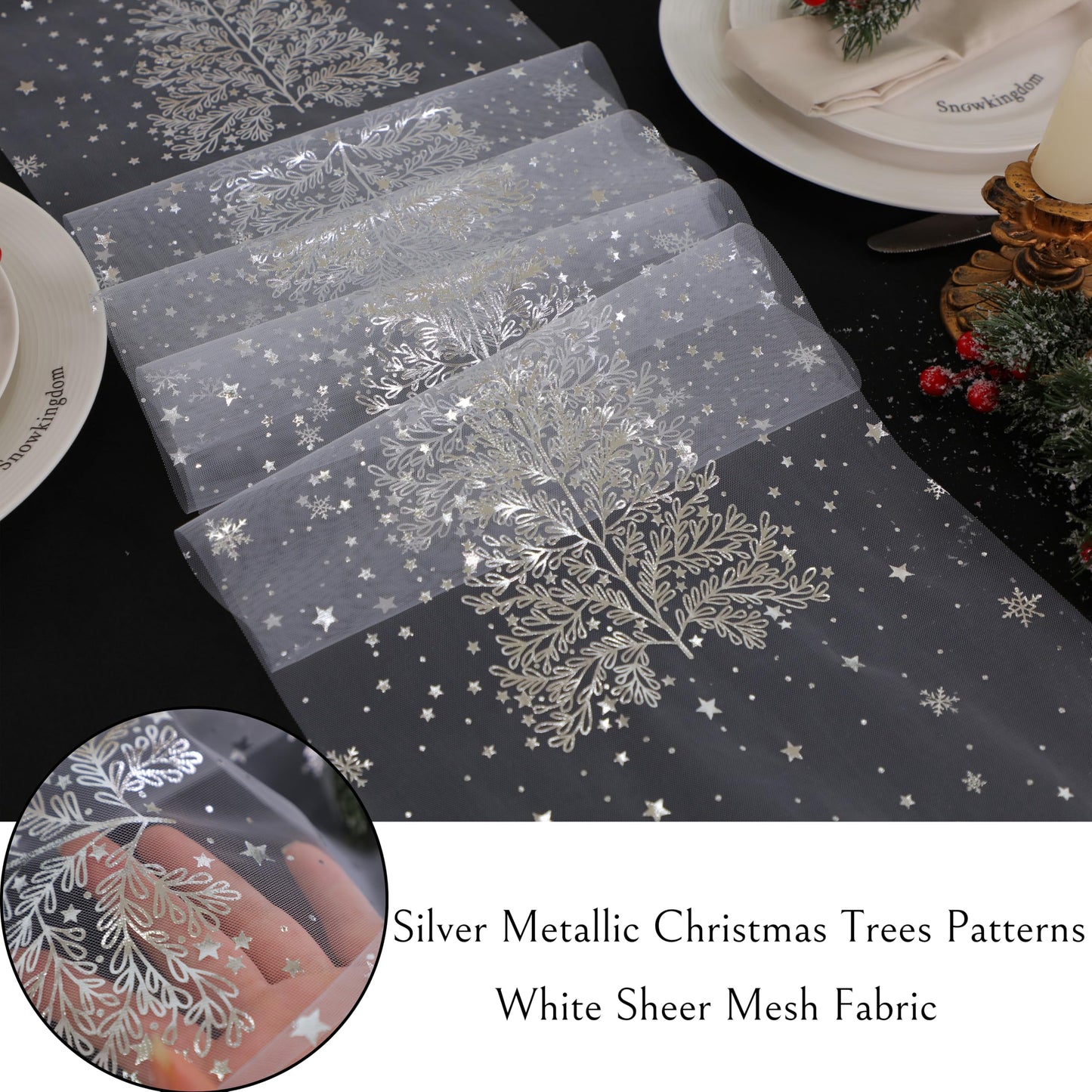 Snowkingdom Silver Christmas Tree Table Runner Xmas Winter Snowflakes 120 Inch Sparkly Glitter Mesh Runners Kitchen Dining Table Decorations for Seasonal Festival Holiday Indoor Outdoor Home Party