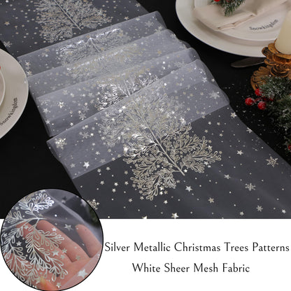 Snowkingdom Silver Christmas Tree Table Runner Xmas Winter Snowflakes 120 Inch Sparkly Glitter Mesh Runners Kitchen Dining Table Decorations for Seasonal Festival Holiday Indoor Outdoor Home Party