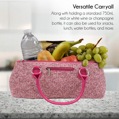 Wine Clutch Bag (Thermal Insulated) Trendy Women’s Carry Tote | Holds Red & White 750mL Bottles | Trendy Fashion | Incl. Portable Waiter-Style Corkscrew (Pink Tweed)