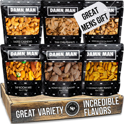 Gourmet Nut Gift Box for Men - 6 Unique Handcrafted Snacks, Ideal Gift for Dad, Birthday, or a Bold Snack Adventure