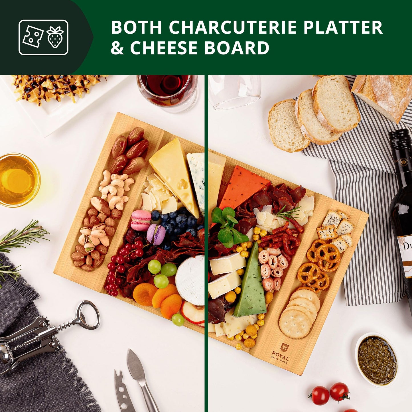 ROYAL CRAFT WOOD Charcuterie and Cheese Board - Large Bamboo Cheese Board - Serving Tray Platter - House Warming Gifts New Home, Gifts for Dad Fathers Day Dad Gifts from Daughter Son Wife - 15.5"x10"