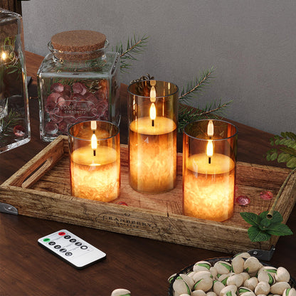 VIODAIM Ice Crystal Real Wax Glass Flameless Candles with Remote & Timer, Battery Operated Candles with Warm Flickering Flame, Realistic LED Candle for Wedding Home Decor [D3×H4/5"/6"] Gold, 3Pack