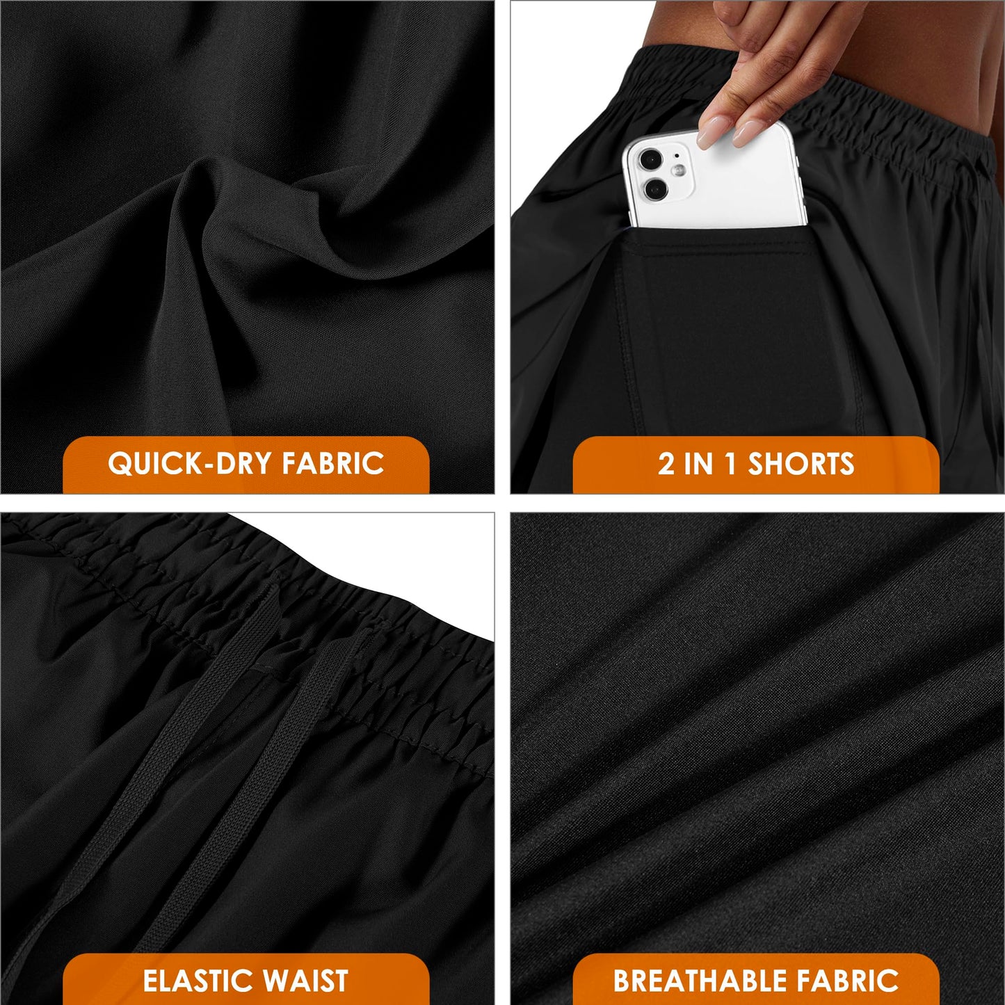 Yevrimow Women's 2 in 1 Running Shorts for Gym Yoga Workout Athletic Shorts High-Waisted Shorts with Liner Pockets Black