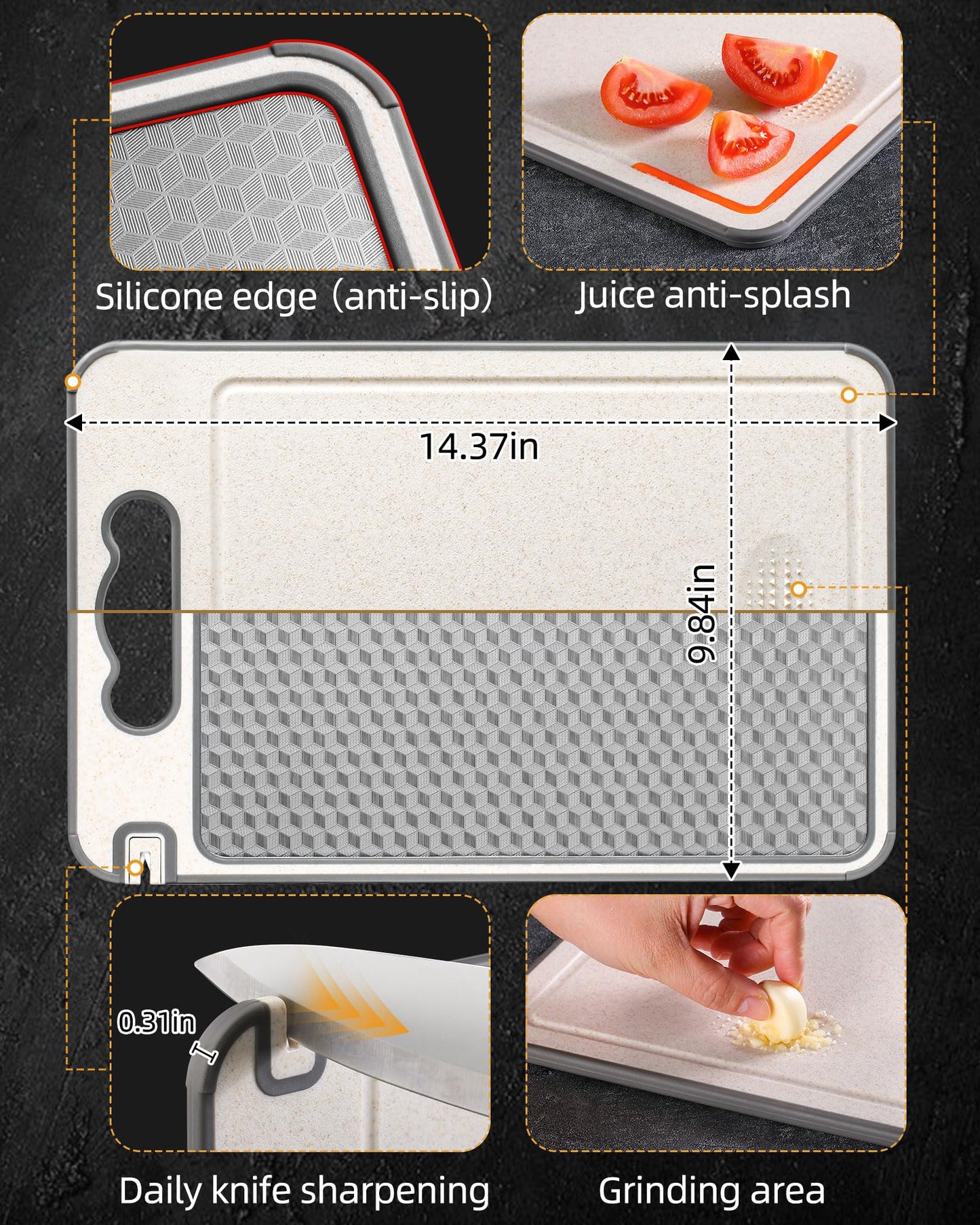 Stainless Steel Cutting Board for Kitchen, Non Toxic Large Chopping Board Double Sided Non-slip Scratch-resistant Mesh Design with Juice Groove Food-Grade Wheat Straw PP 15×10 In Easy to Clean