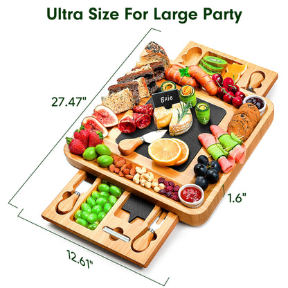 Easoger Large Bamboo Charcuterie Boards, Cheese Platter with 2 Drawers, Serving Knife, 2 Ceramic Bowl - Unique Housewarming, Wedding and Bridal Gift