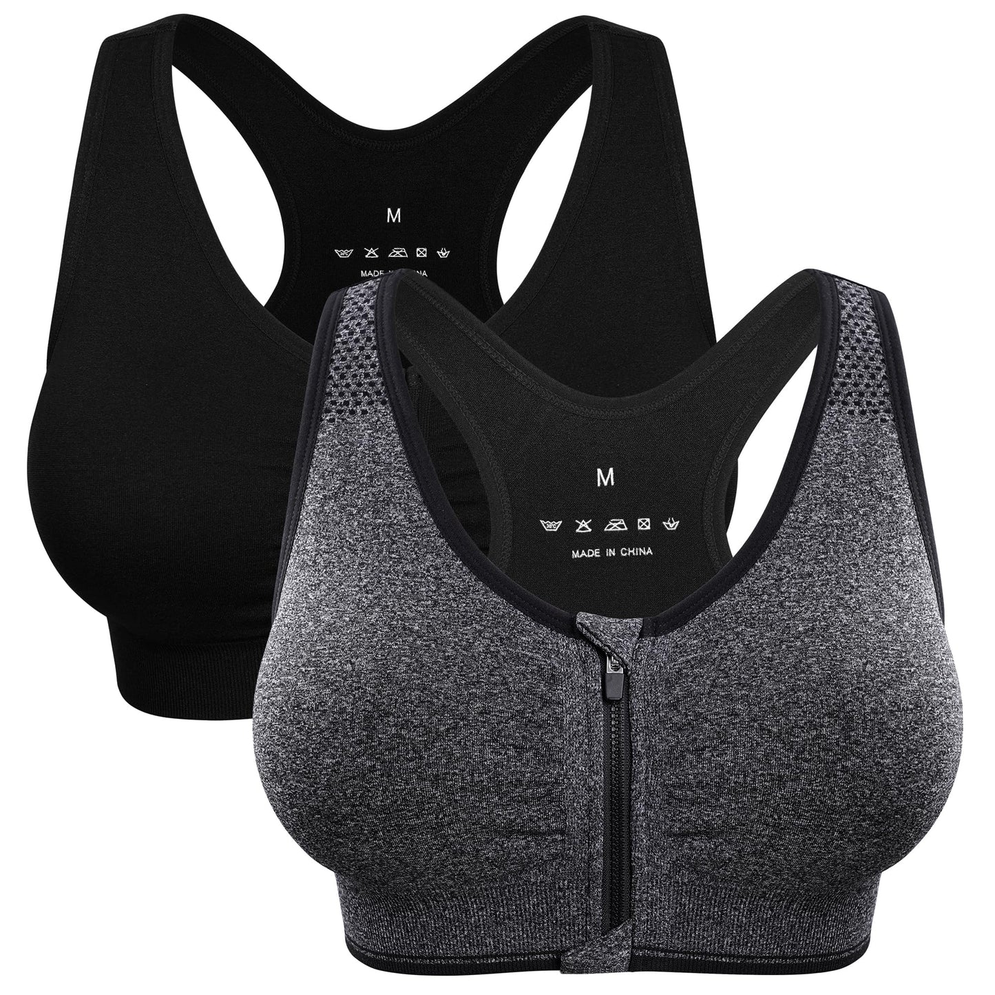 Women's Zip Front Sports Bra - Wireless, Padded, Post-Surgery, Racerback, Workout & Yoga Bra Top 2 Pack
