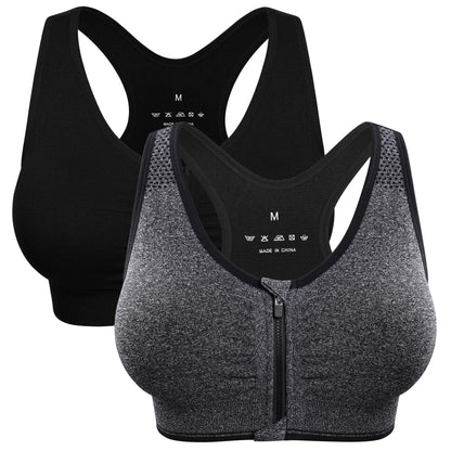 Women's Zip Front Sports Bra - Wireless, Padded, Post-Surgery, Racerback, Workout & Yoga Bra Top 2 Pack