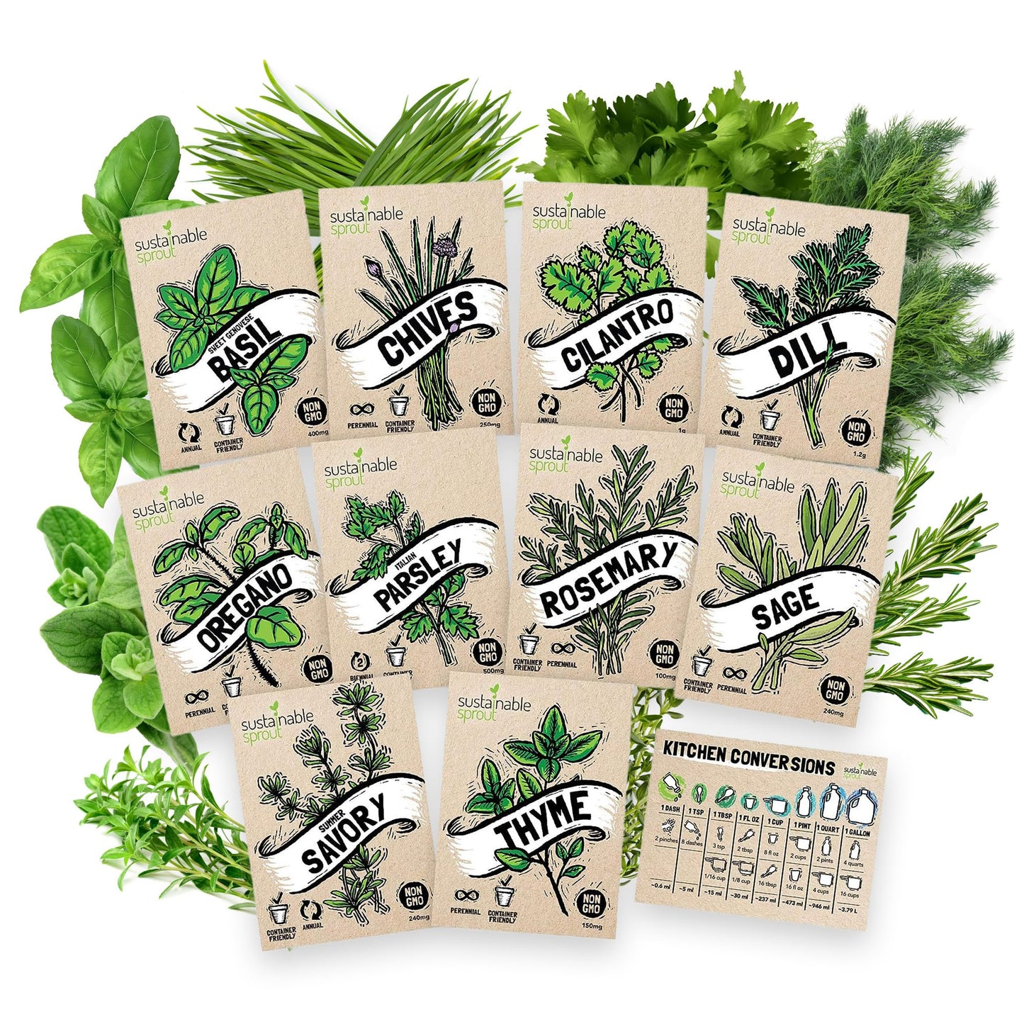 Culinary Herb Seeds Variety Pack: 10 Spice Herbs, Hydroponic Garden Indoors, Heirloom Planting Basil, Parsley, Sage, Thyme, Rosemary, Cilantro, Chives Dill Oregano, Summer Savory by Sustainable Sprout