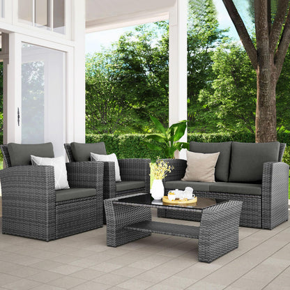 Wisteria Lane 4 Piece Outdoor Patio Furniture Sets, Wicker Conversation Set for Porch Deck, Grey Rattan Sofa Chair with Cushion （Dark Grey