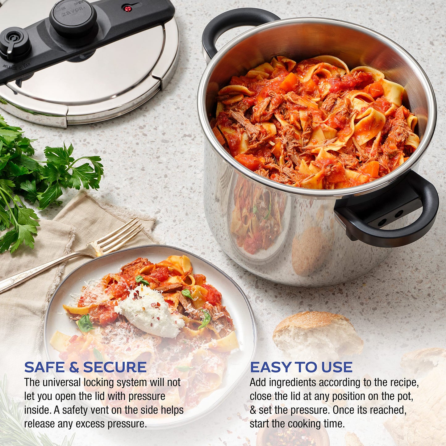 Zavor EZLock Stove Top Pressure Cooker 7 Quart - Stainless Steel, Multi Pressure Levels, Easy Locking, Induction Ready, Digital Cookbook & Steamer Basket | Olla de Presion Acero Inoxidable