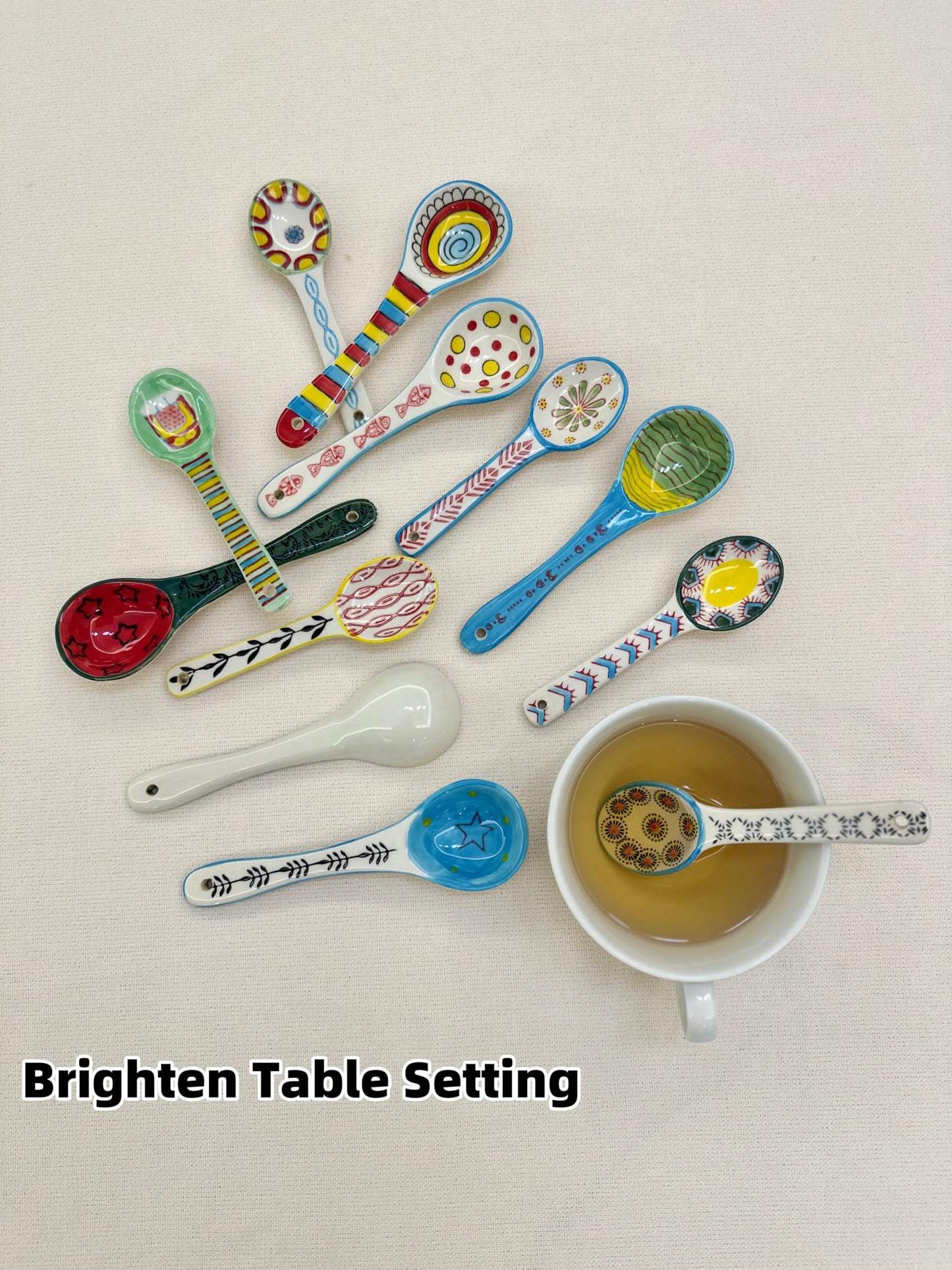 Ceramic Soup Spoons Set of 6–Mutilpurpose for Soup/Cereal/Ramen/Stews | Vibrant Design, Lead-Free & Dishwasher Safe | 6.25" Cute Decorative Spoons for Kitchen & Gifts