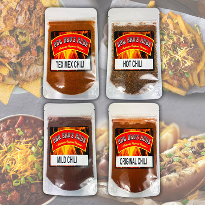 Chili Seasoning Mix by BBQ BROS (Original, Mild, Hot & Tex Mex) - Award Winning Chili's - 4 Variety Flavor Chili Kit - Taco Seasoning - Vegan & Vegetarian Friendly - Kosher- NO MSG, Gluten Free & No Artificial Preservatives