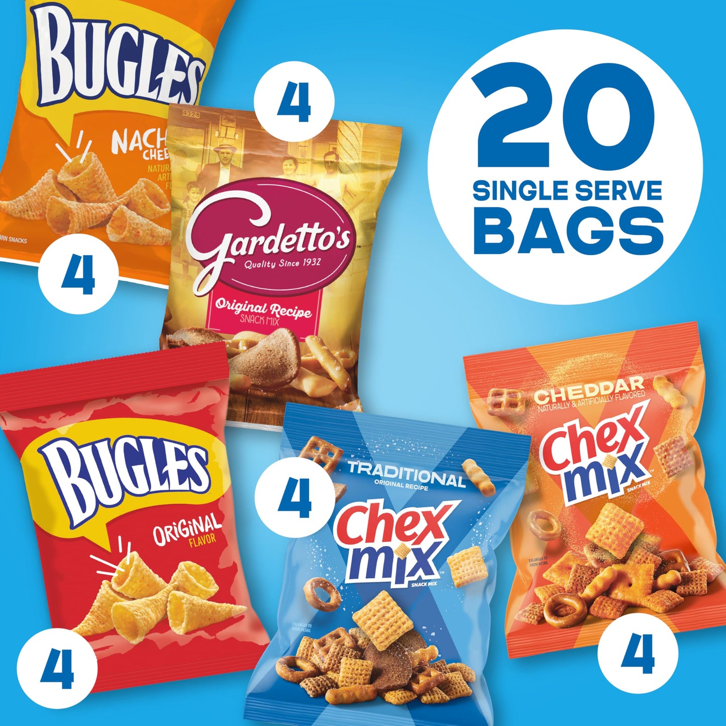 Classic Mix Snack Variety Pack, Bugles Original and Nacho Cheese, Gardetto's Original Recipe, Chex Mix Traditional and Cheddar, 20 Ct, 28 oz