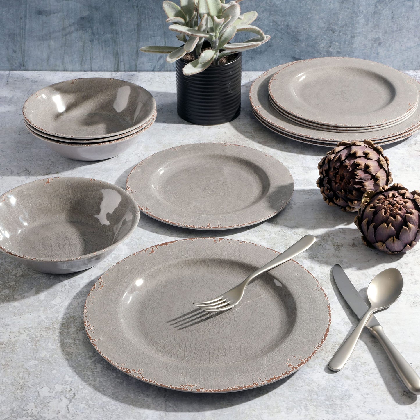 Gibson Home Mauna Melamine Plastic Dinnerware Set, Service for 4 (12pcs), Grey Rustic