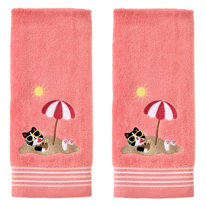 SKL Home Buried Cat Hand Towel 2pc Set for Bath/Kitchen/Bar & Gift, Coral Pink