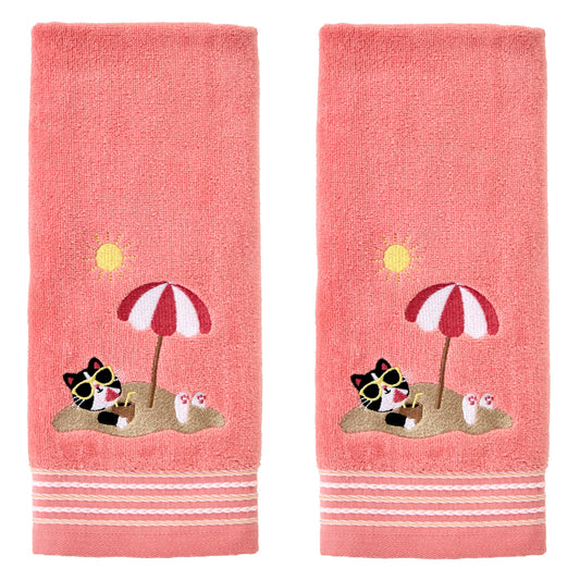 SKL Home Buried Cat Hand Towel 2pc Set for Bath/Kitchen/Bar & Gift, Coral Pink
