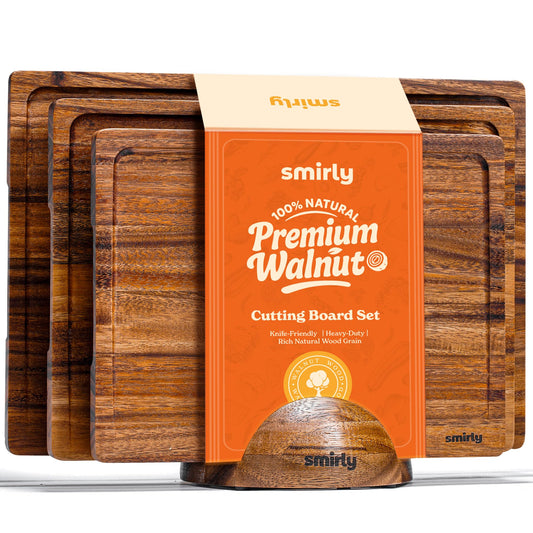 SMIRLY Walnut Wood Cutting Boards for Kitchen, Set of 3 with Holder Large - Small, Walnut Wooden Cutting Board Set with Deep Juice Grooves, Non Toxic Serving Tray, Perfect Mother's Day Gifts