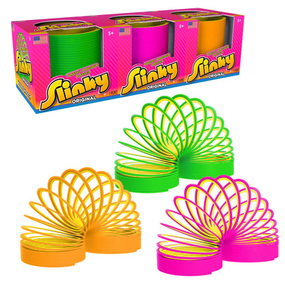 Slinky the Original Walking Spring Toy, Plastic Slinky 3-Pack, Multi-color Neon Spring Toys, Kids Toys for Ages 5 Up by Just Play
