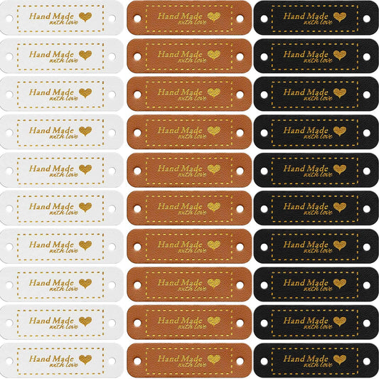 WILLBOND 30 Pcs Leather Tags for Crochet Items PU Leather Labels Handmade Items Crochet Tags for Handmade Knit Accessories with Holes DIY Crafts Sewing Knitting(Brown, Black, White)