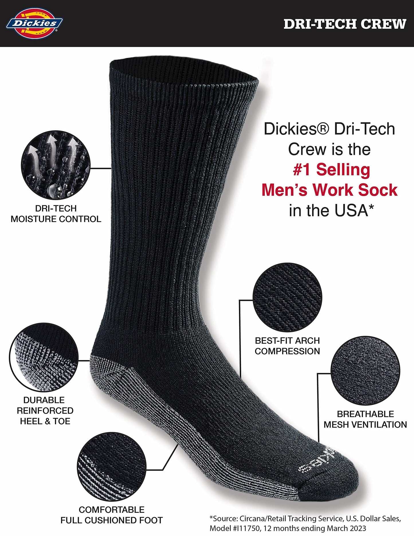 Dickies Men's Dri-tech Original Moisture Control Crew Socks Multipack, Black (6 Pairs), Shoe Size: 6-12, Pack of 6