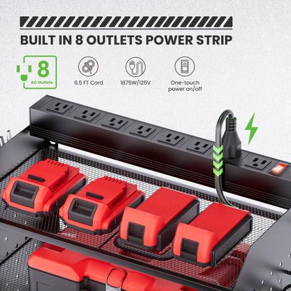 TRZZ Power Tool Organizer Wall Mount, 5-Layer Charging Station with 8 Outlets, 6 Drill Holders, 2 Side Pegboards, and Drill Bit Rack for Garage, Workbench, and Workshop (Black)