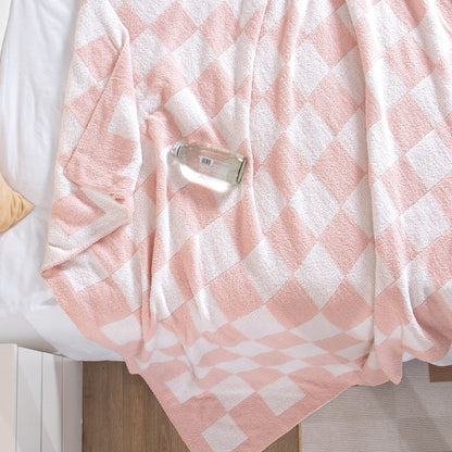 SeaRoomy Checkered Throw Blanket, Ultra Soft Microfiber Knit Throw Blanket, Cozy Fluffy Fuzzy Reversible Checkerboard Pink Blanket for Couch Sofa Bed Decor(Light Pink, 51"63")