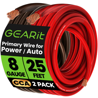 GEARit, 8 Gauge Wire, for Automotive Power/Ground, Battery Cable, Car Audio, RV, Amp, CCA, Automotive Wire, Amp Kit, Battery Cables, Wiring Kit, (25 feet Each- Black/Red)