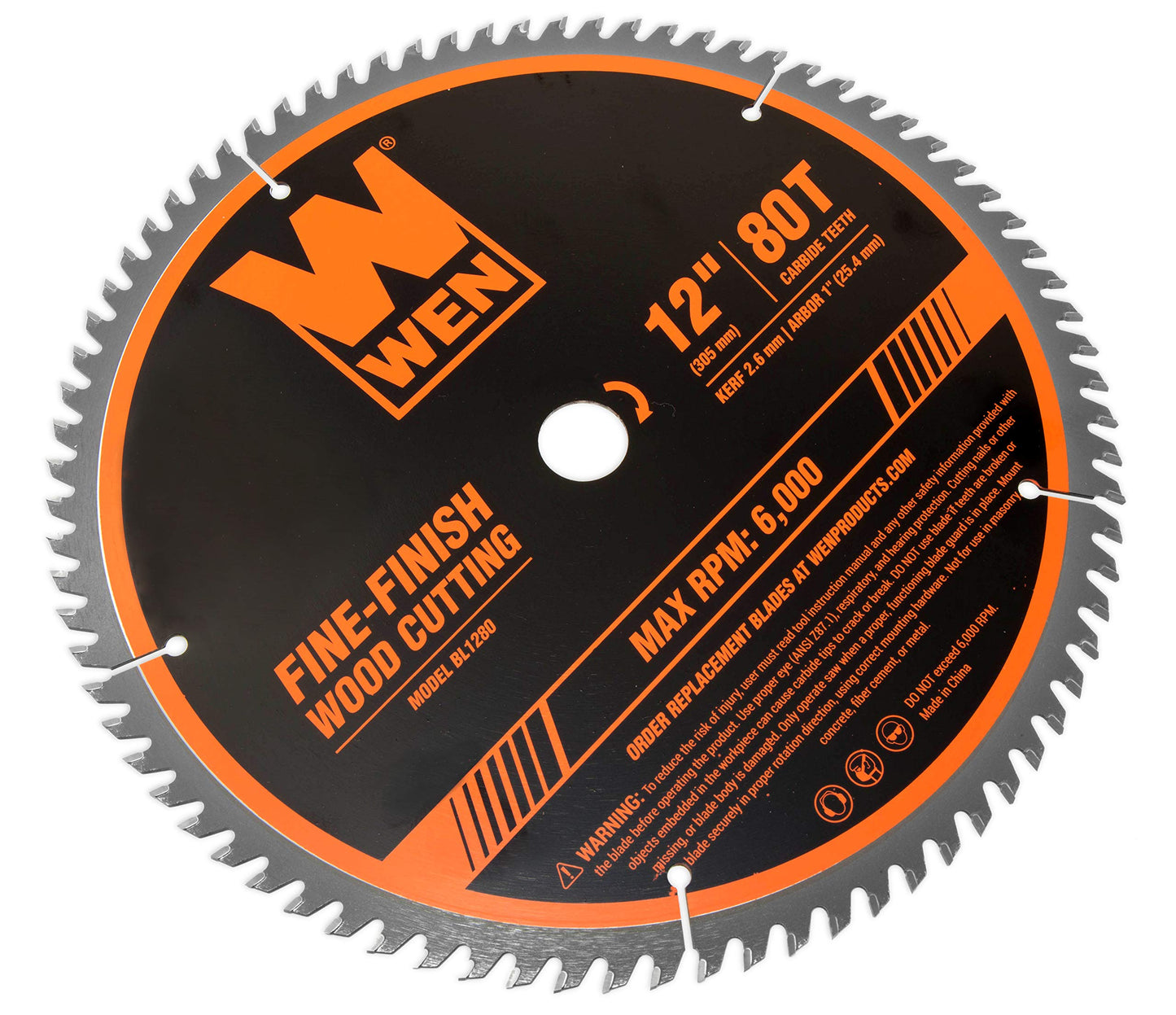 WEN BL1280 12-Inch 80-Tooth Fine-Finish Professional Woodworking Saw Blade for Miter Saws and Table Saws
