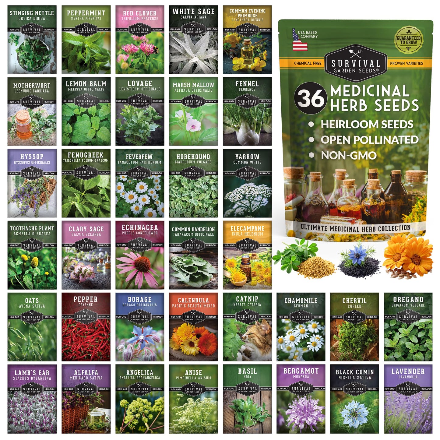 Ultimate Medicinal Herb Seeds Variety Pack – 36 Heirloom Varieties, 28,000+ Lavender, Calendula, Echinacea, Peppermint, Yarrow – Non-GMO Garden Kit by Survival Garden Seeds