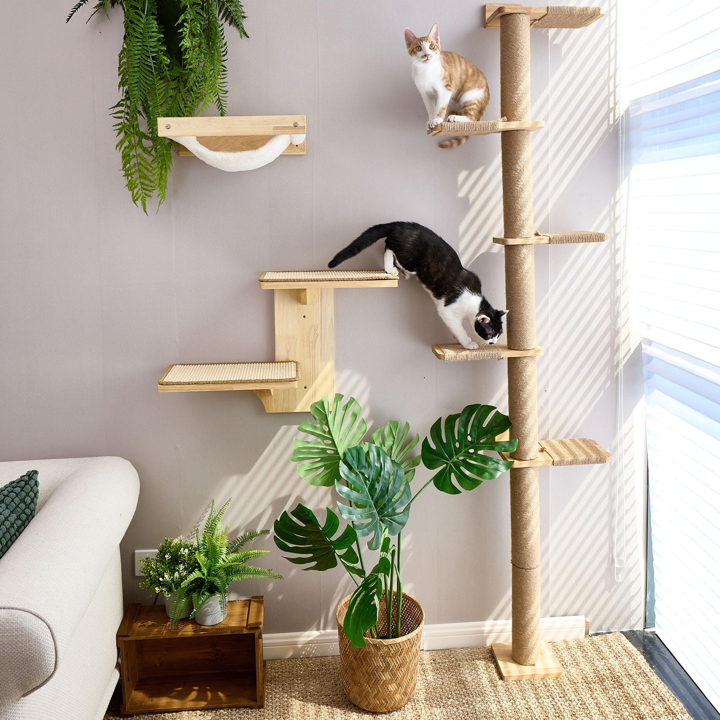 FUKUMARU Tall Cat Tree, 5 Tier Floor to Ceiling Cats Tower, Wall-Mounted Kitten Scratching Post, Wild Simulation Kittens Wall Shelves, Suitable for Climb, Scratch, Lookout and Play
